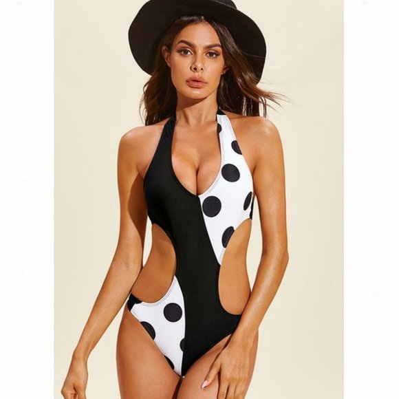 Polka Dot Colorblock Halter Wrap Monokini Swimsuit - Picture 2 of 8